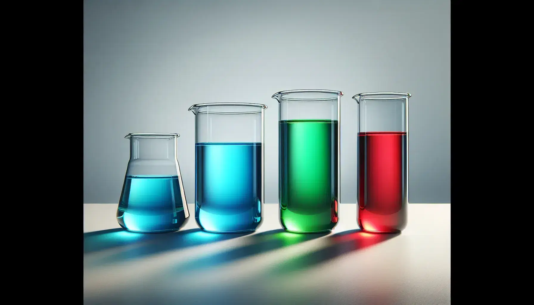 Three laboratory beakers with blue, green, and red liquids aligned in increasing size on a white surface with soft shadows, against a gray background.