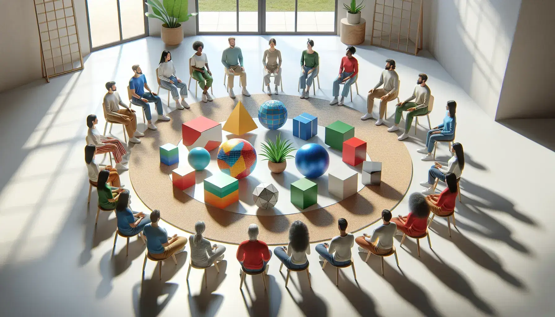 Grupo diverso de personas sentadas en círculo alrededor de una mesa con figuras geométricas y una planta, en una sala iluminada naturalmente.