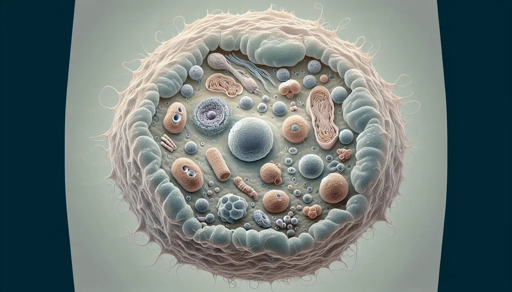 Vista microscópica de célula eucariota con membrana, núcleo, retículo endoplásmico, vesículas, lisosomas y aparato de Golgi destacados.