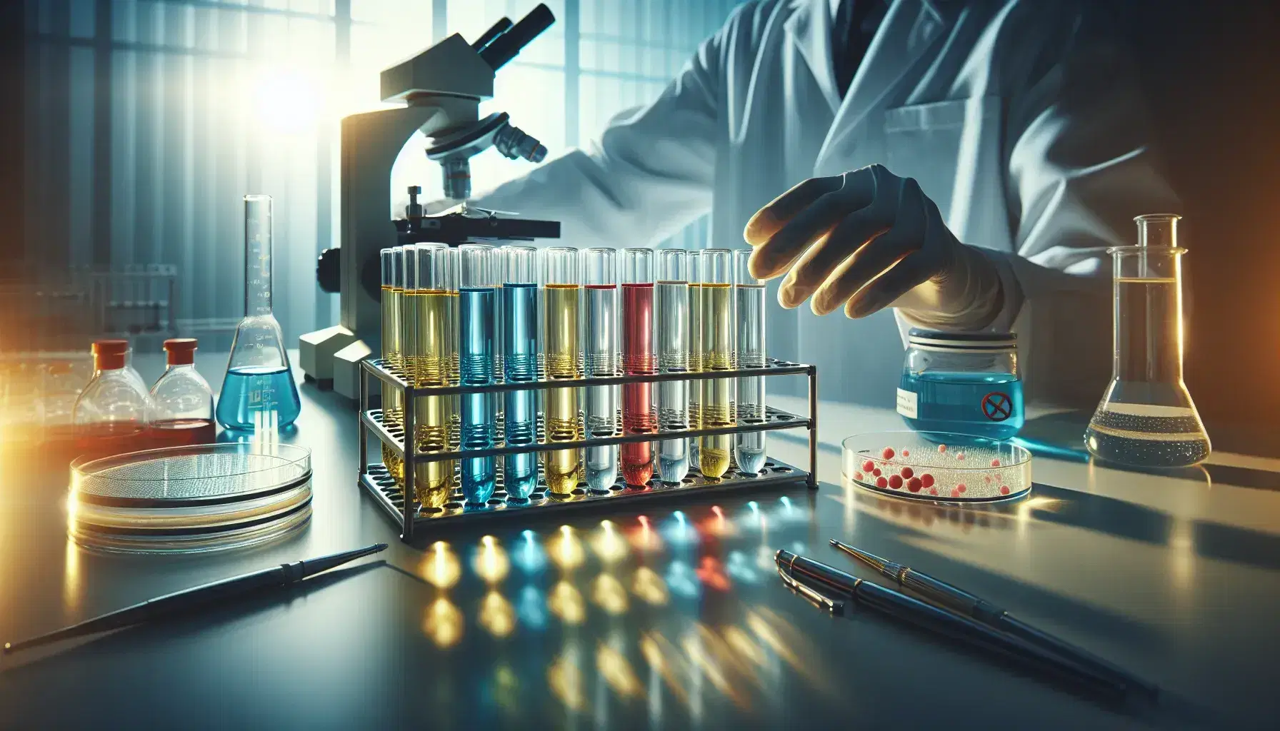 Laboratorio con tubos de ensayo de colores en soporte metálico, guantes de látex y científico ajustando microscopio en fondo desenfocado.