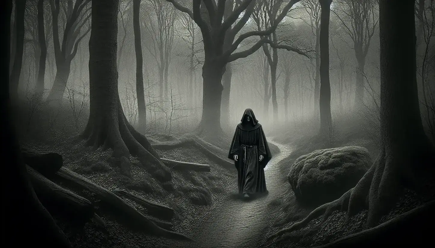 Figura umana in mantello medievale cammina in un bosco nebbioso e oscuro, tra alberi alti e un ruscello, evocando mistero e introspezione.