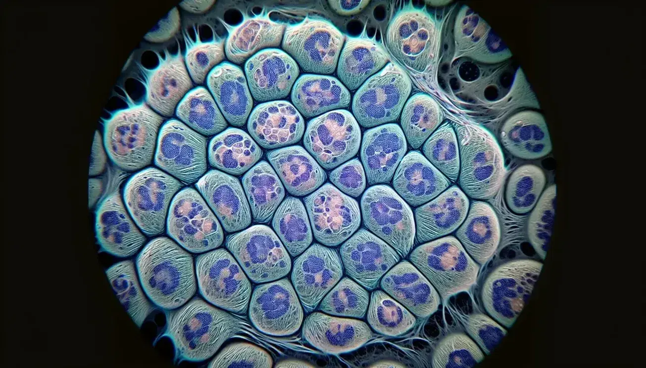 Vista microscópica de tejido celular con células redondeadas teñidas, núcleos oscuros centrales y citoplasma claro, sin marcas ni textos.