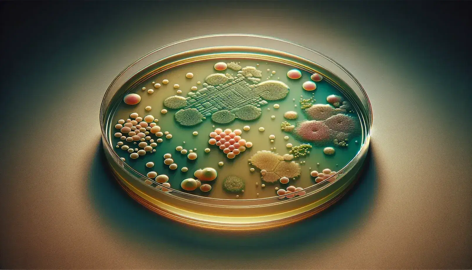 Colonia di batteri procarionti su agar in piastra di Petri, con macchie circolari gialle, rosa e verdi su superficie lucida.