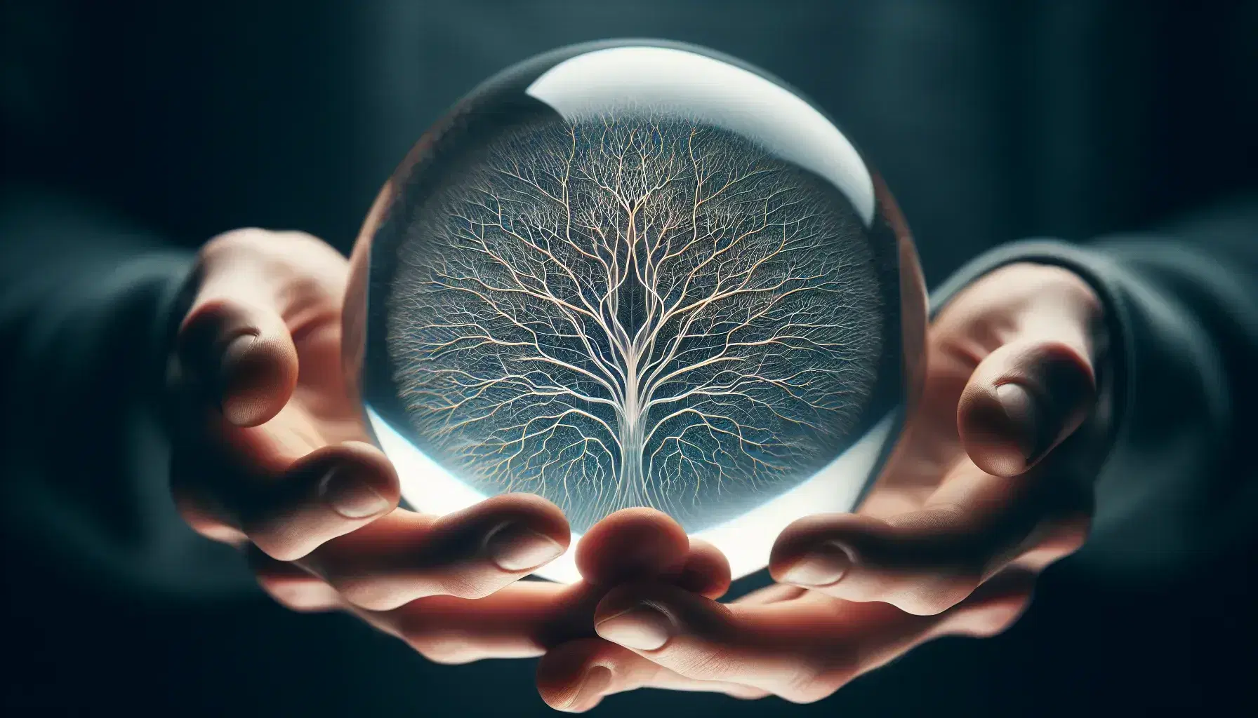 Hands cradling a crystal ball with intricate branching paths inside, set against a soft blue and green blurred background, highlighting the refraction.