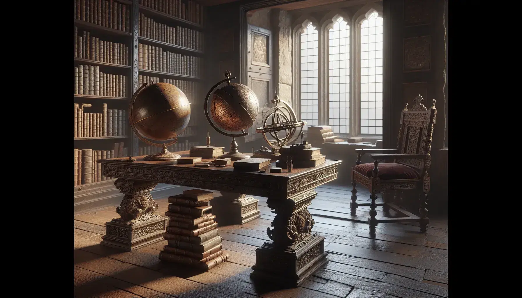 Estudio antiguo con mesa de madera oscura, globo terráqueo antiguo, astrolabio de bronce, libros encuadernados en cuero y estanterías llenas de libros en una biblioteca iluminada naturalmente.