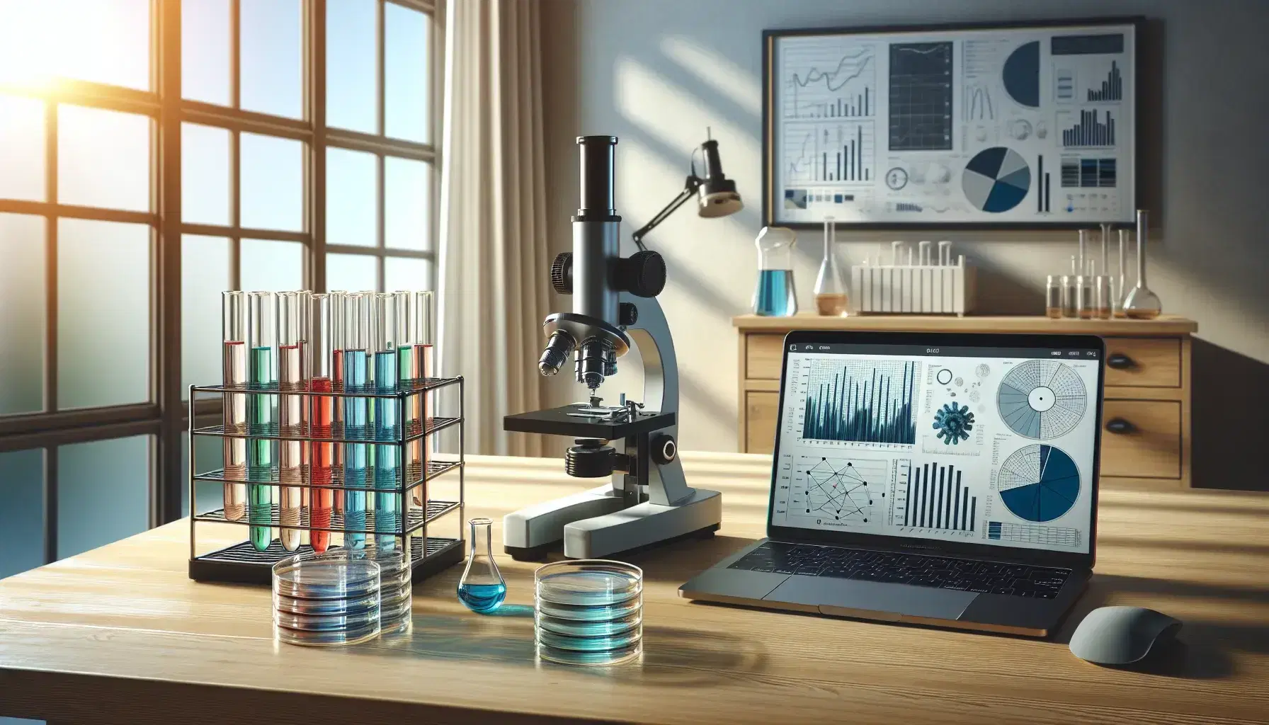 Mesa de trabajo de madera con microscopio, tubos de ensayo con líquidos de colores, placas de Petri y portátil mostrando gráficos, en habitación iluminada.
