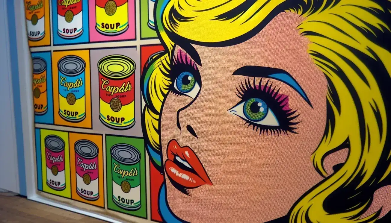 Ritratto stilizzato di donna bionda in stile pop art con capelli gialli, pelle rosa a pois e labbra rosse su sfondo di lattine colorate senza testo.