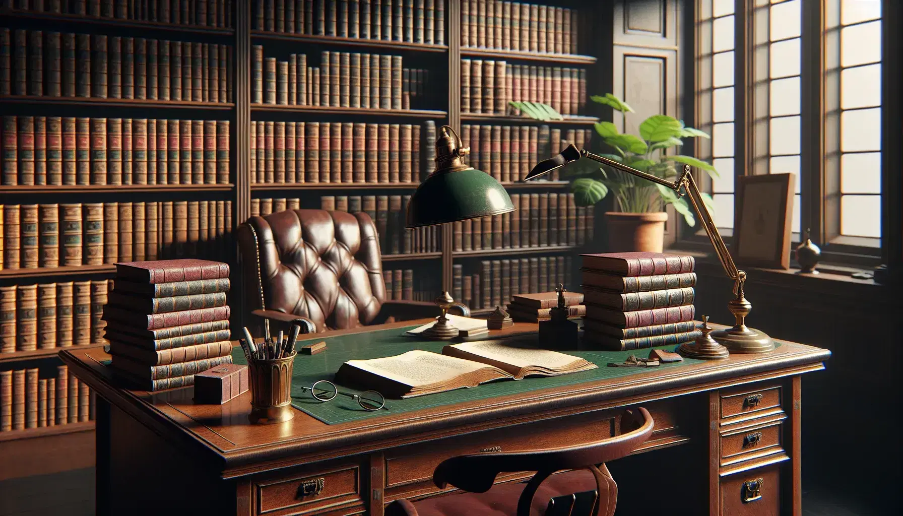 Early 20th century academic office with mahogany desk, bound books, banker's lamp, glasses and leather armchair, surrounded by shelves full of books.