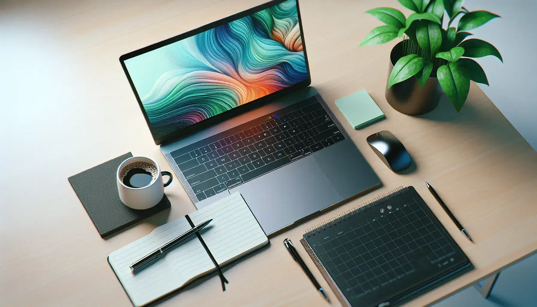 Organized desk with open laptop, cup of steaming coffee, green plant and notepad with pen, on light wooden surface.