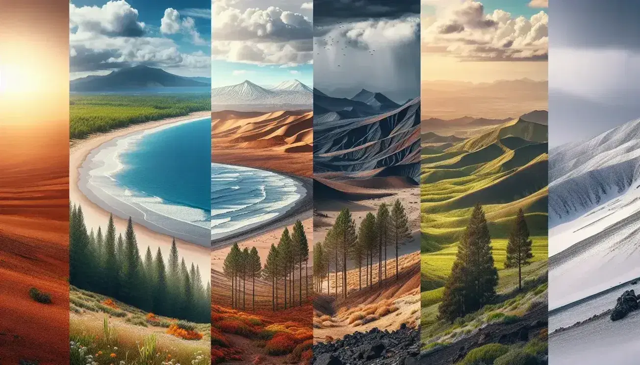 Panorámica de cinco paisajes de España mostrando climas oceánico, mediterráneo, interior, canario y de montaña con vegetación y cielos característicos.