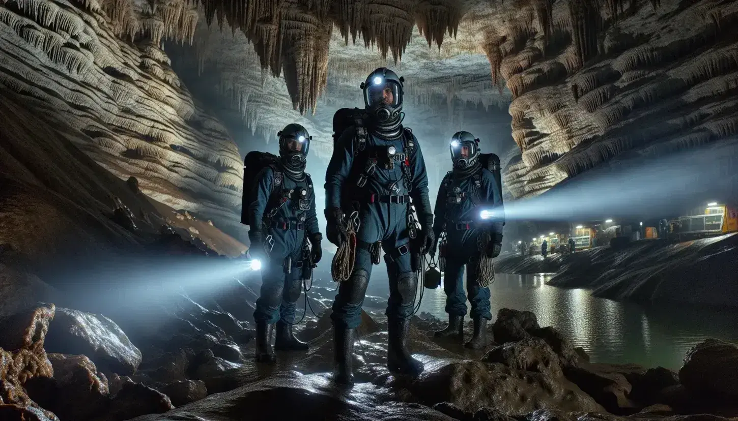 Tre esploratori in tuta protettiva con caschi e lampade frontali avanzano in una vasta grotta sotterranea con formazioni di stalattiti e stalagmiti.