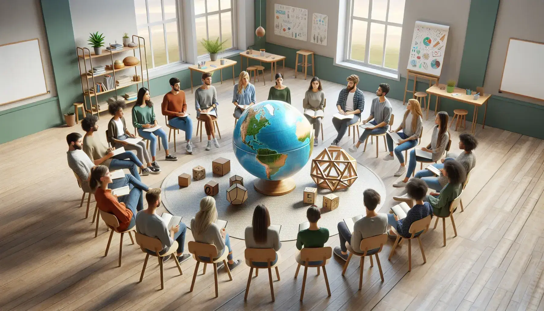 Grupo de estudiantes diversos sentados en círculo en aula iluminada con objetos educativos en mesa central y ambiente de colaboración.