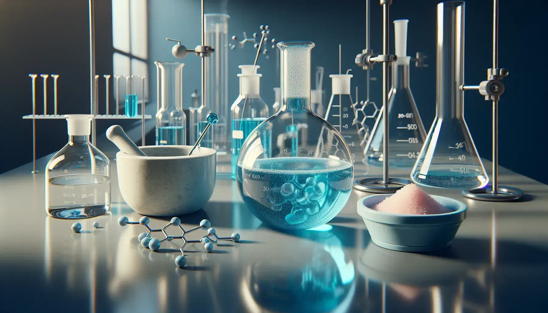 Laboratory with round bottom flask containing blue liquid, held by metal stand, and mortar with pestle and pink salt.