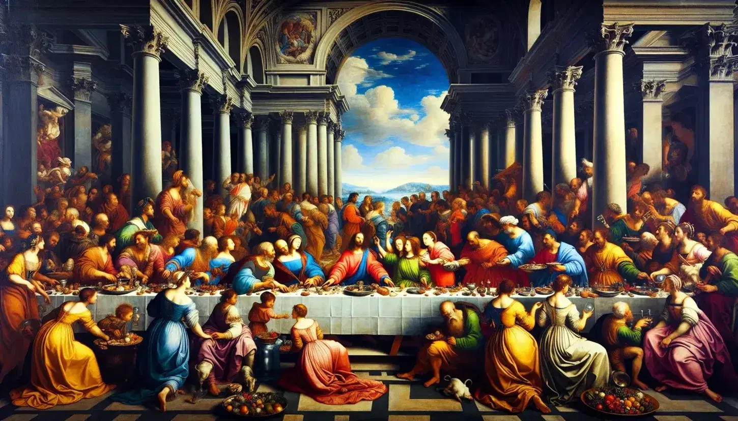 Riproduzione fotografica del dipinto rinascimentale 'Le Nozze di Cana' di Veronese, con personaggi in abiti d'epoca e architettura classica.