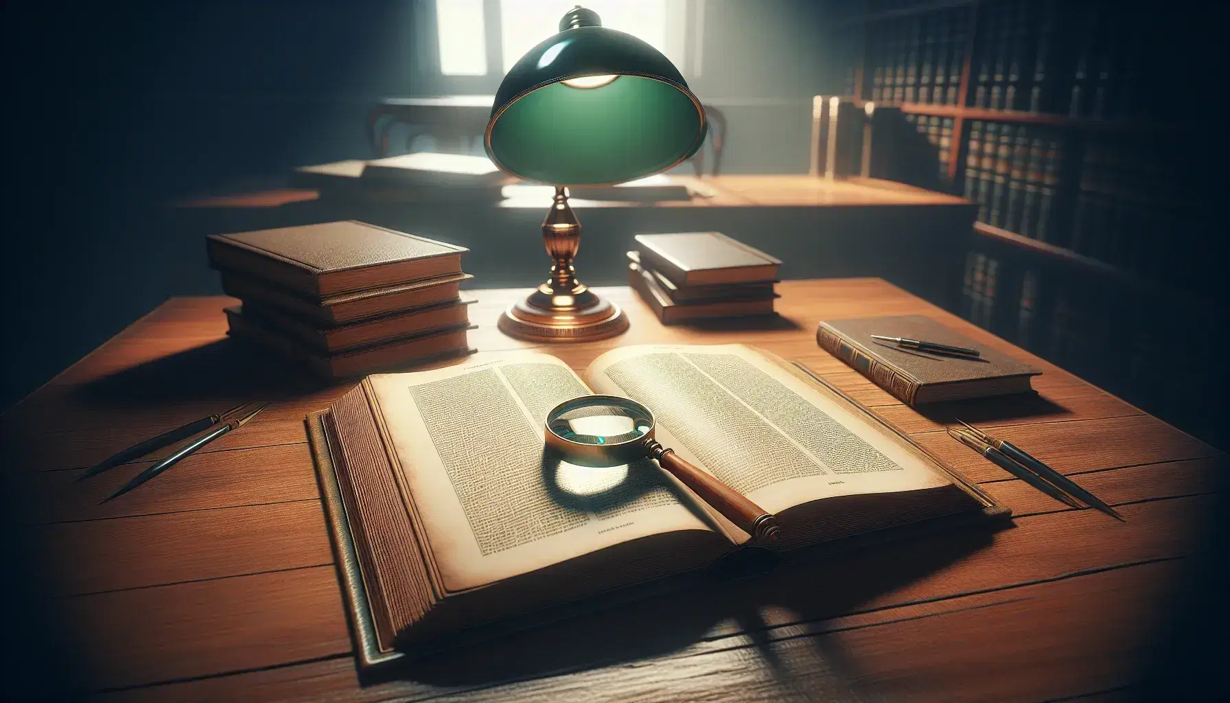 Wooden desk with two open books, one old and one new, a magnifying glass, and a green banker's lamp casting a warm glow, suggesting a studious setting.