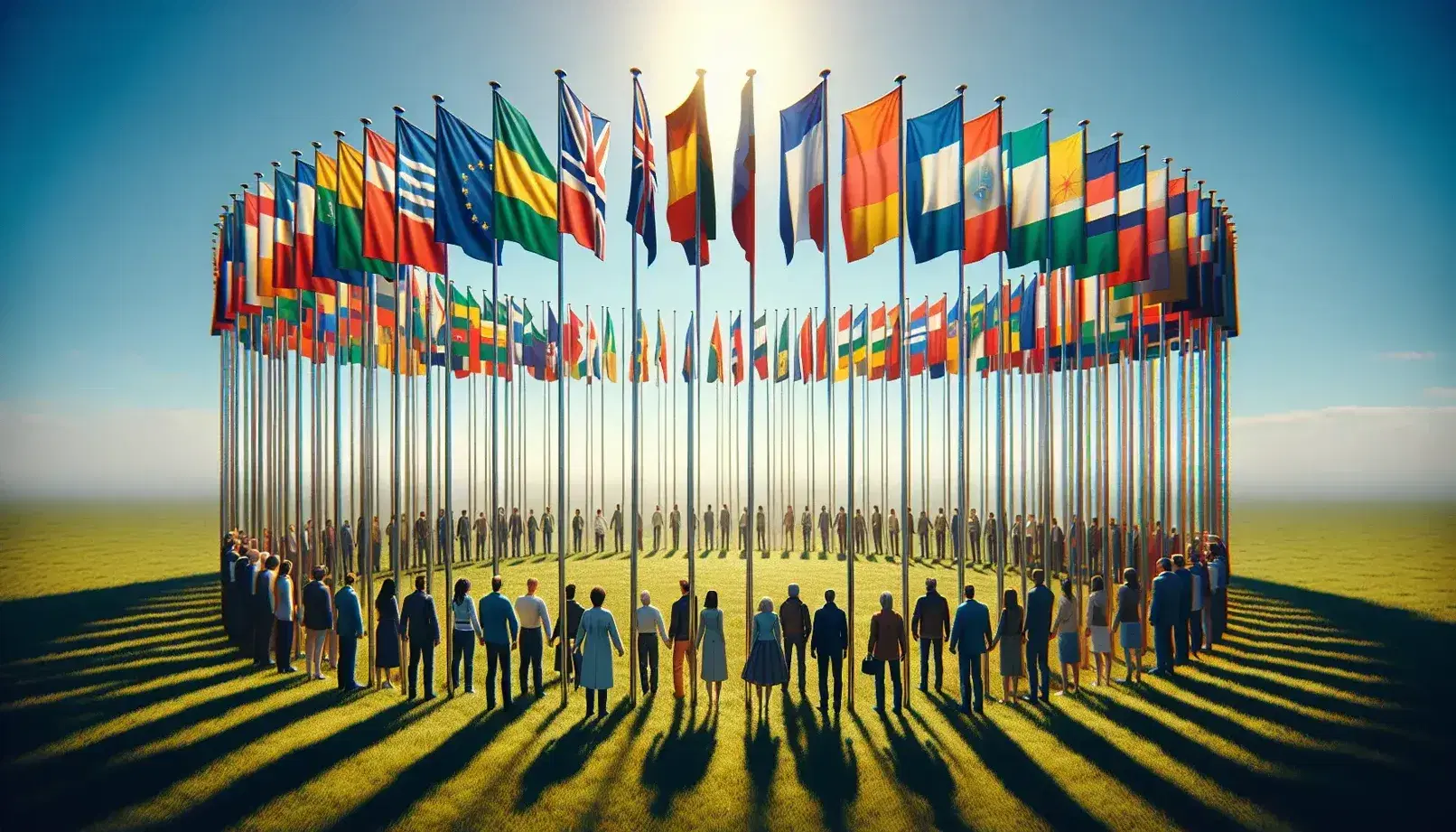 Bandiere colorate dell'Unione Europea sventolano al vento in cerchio su prato verde con persone unite in cerchio al centro sotto cielo azzurro.