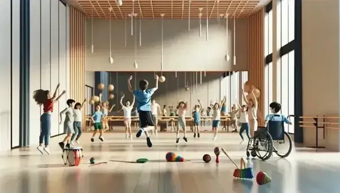 Grupo diverso de estudiantes disfrutando de una clase de baile en un aula iluminada, con un niño saltando alegremente y otro en silla de ruedas participando activamente.