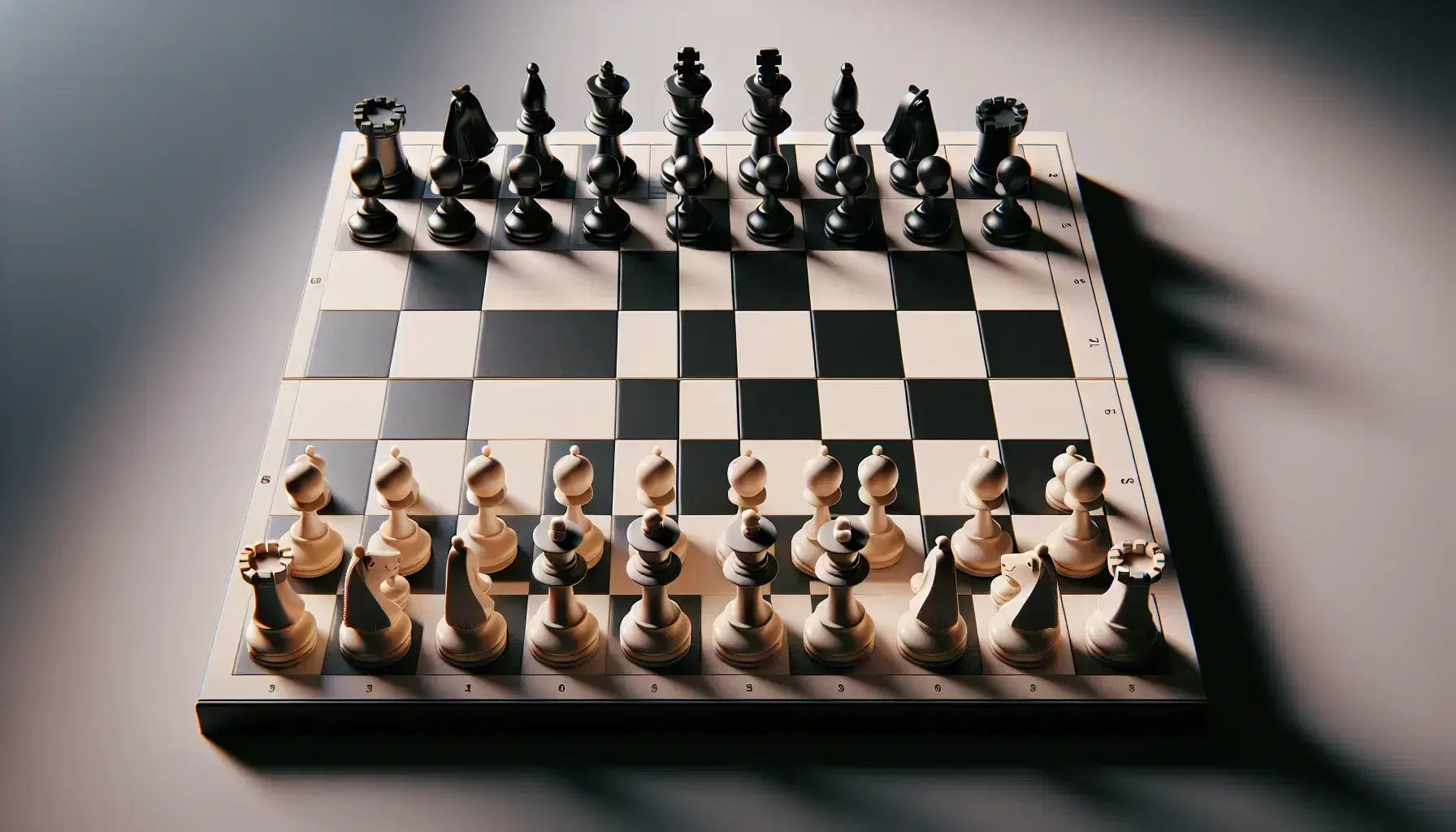 Chessboard in starting position with black and white pieces, soft lighting accentuating the glossy finish and wood texture, set against a blurred background.