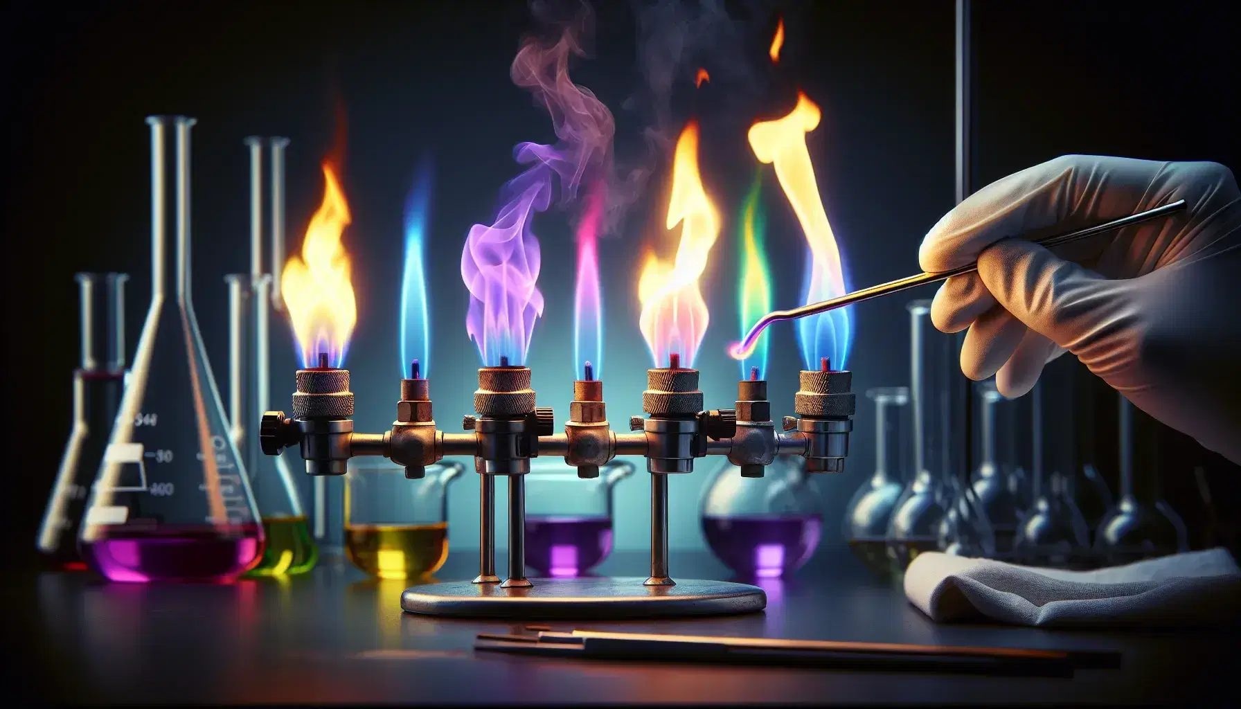 Laboratory with colored flames from Bunsen burners for testing alkali metals: lilac for potassium, crimson for lithium, yellow for sodium.