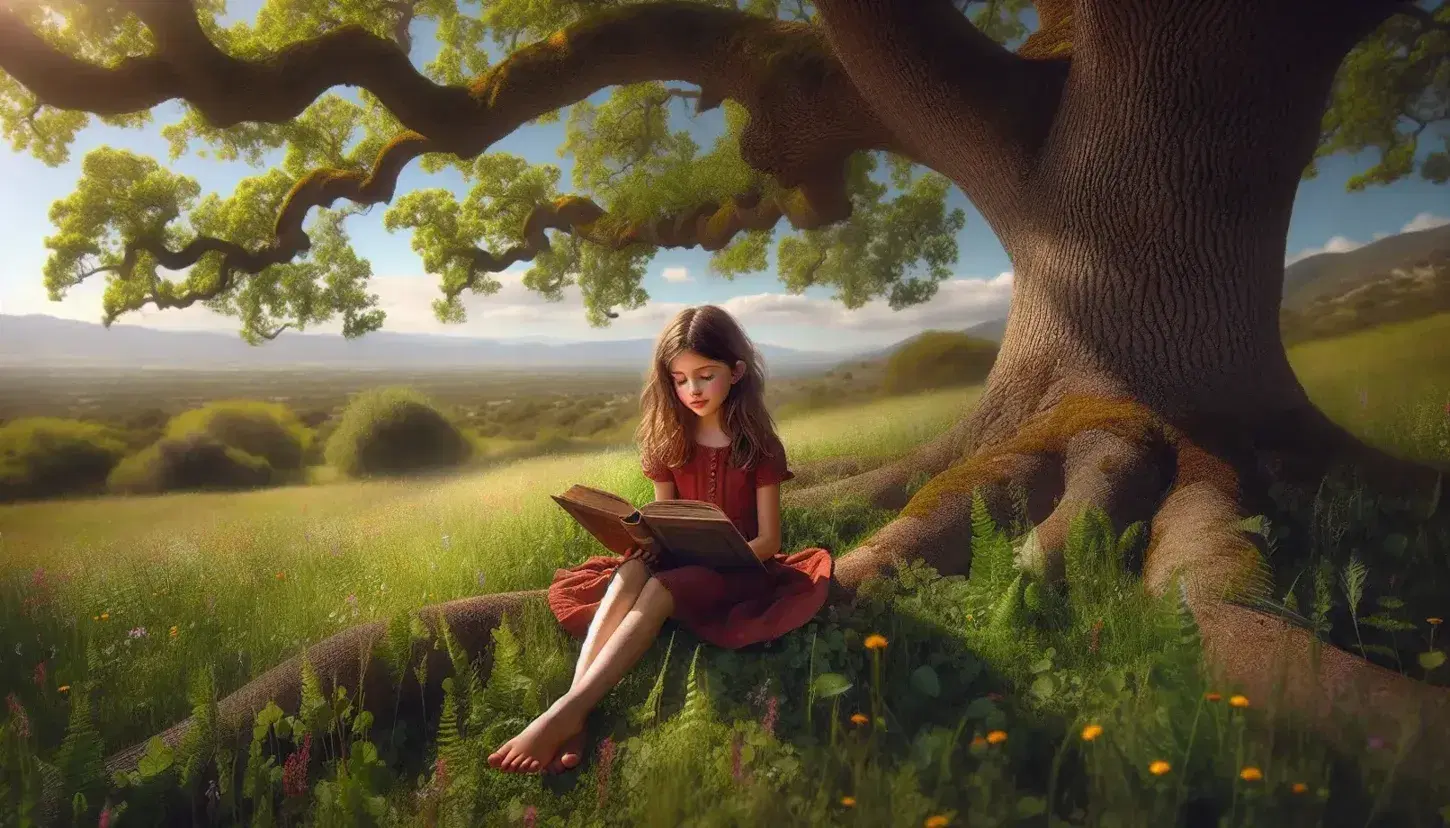 Young girl reading a book under an oak tree on a grassy hill, surrounded by wildflowers, with a mountainous backdrop and a clear blue sky.