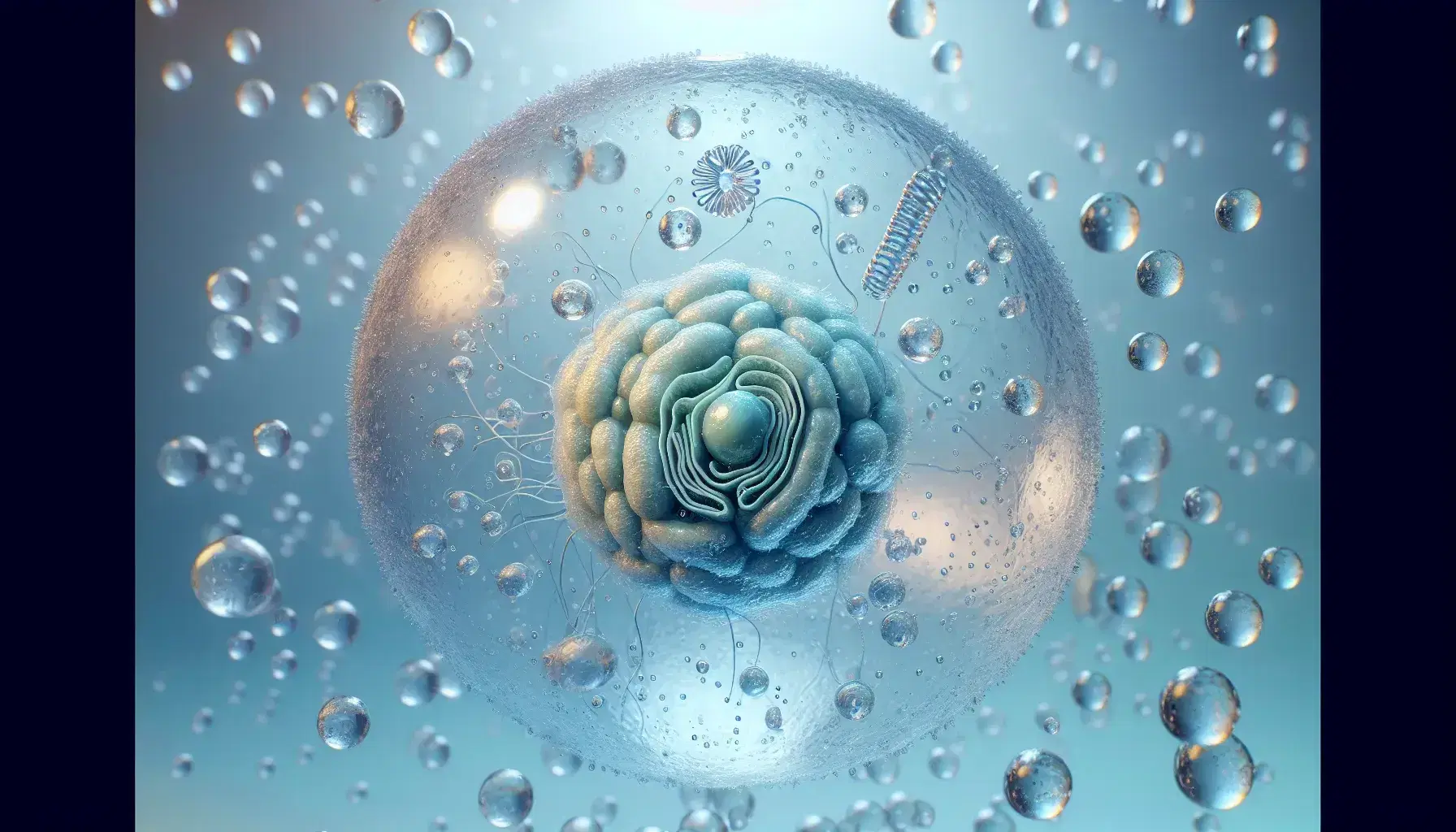 Célula humana gigante y transparente con organelas visibles, núcleo oscuro y moléculas de agua en un fondo azul claro que simula un entorno acuoso.