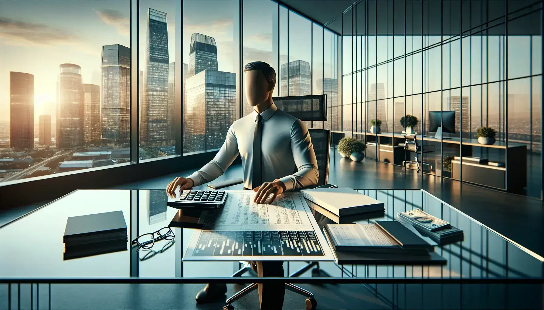 Modern office with glass table, advanced calculator, financial documents, professional in ergonomic chair, and cityscape view through panoramic window.