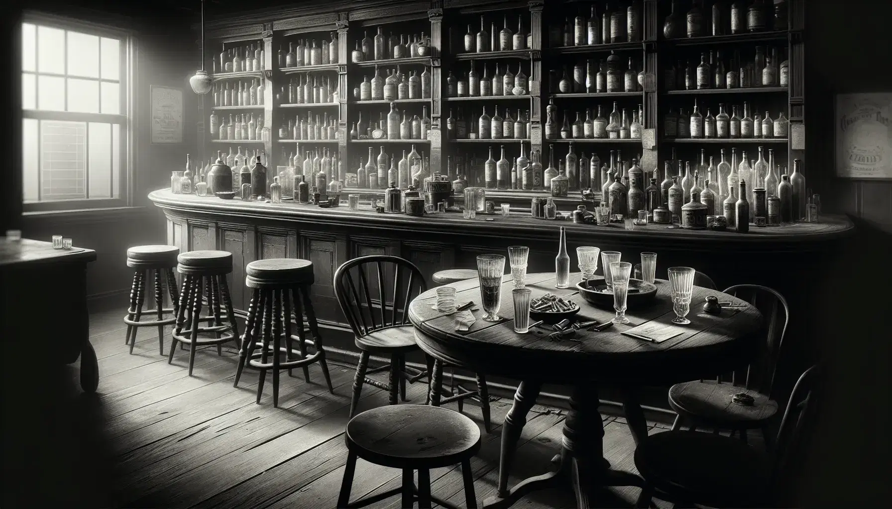 Early 20th-century barroom scene with a worn wooden bar, shelves of unlabeled bottles, a round table with empty glasses and an ashtray, and four shadowed patrons.
