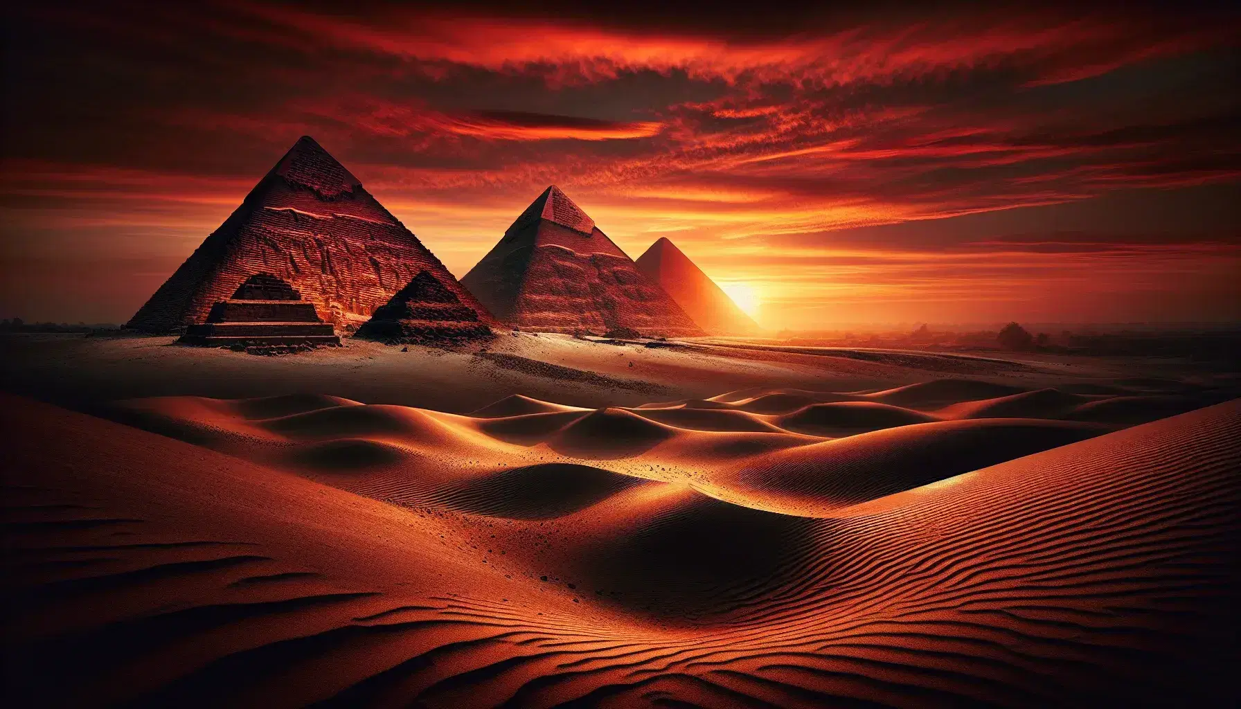 Tramonto rosso-arancione illumina le Piramidi di Giza, con ombre lunghe sulla sabbia e cielo quasi sgombro di nuvole.
