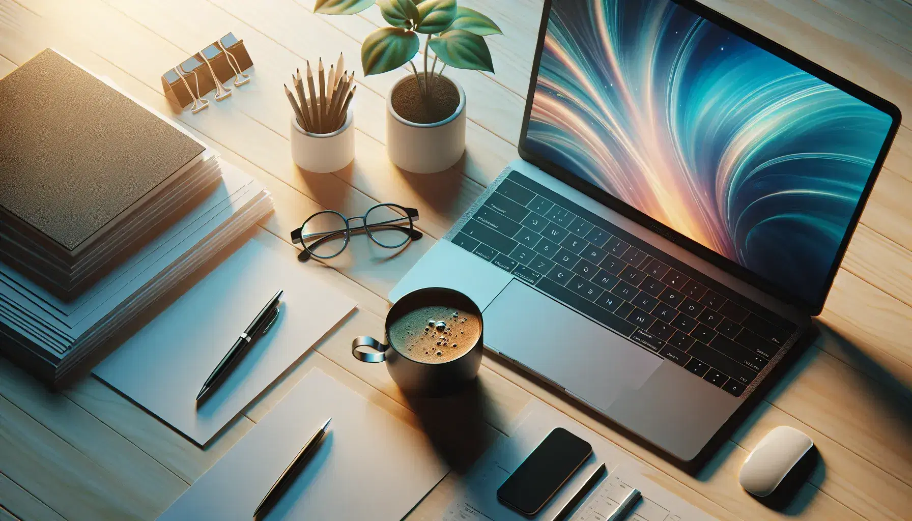 Escritorio de trabajo con portátil abierto, papeles y gafas a la derecha, taza de café y planta verde a la izquierda, y bolígrafo en la esquina superior.