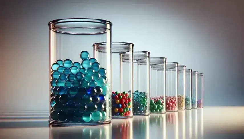 Series of glass jars on a reflective surface with colored marbles: full blue, 3/4 red, half green, 1/4 yellow, a few purple.