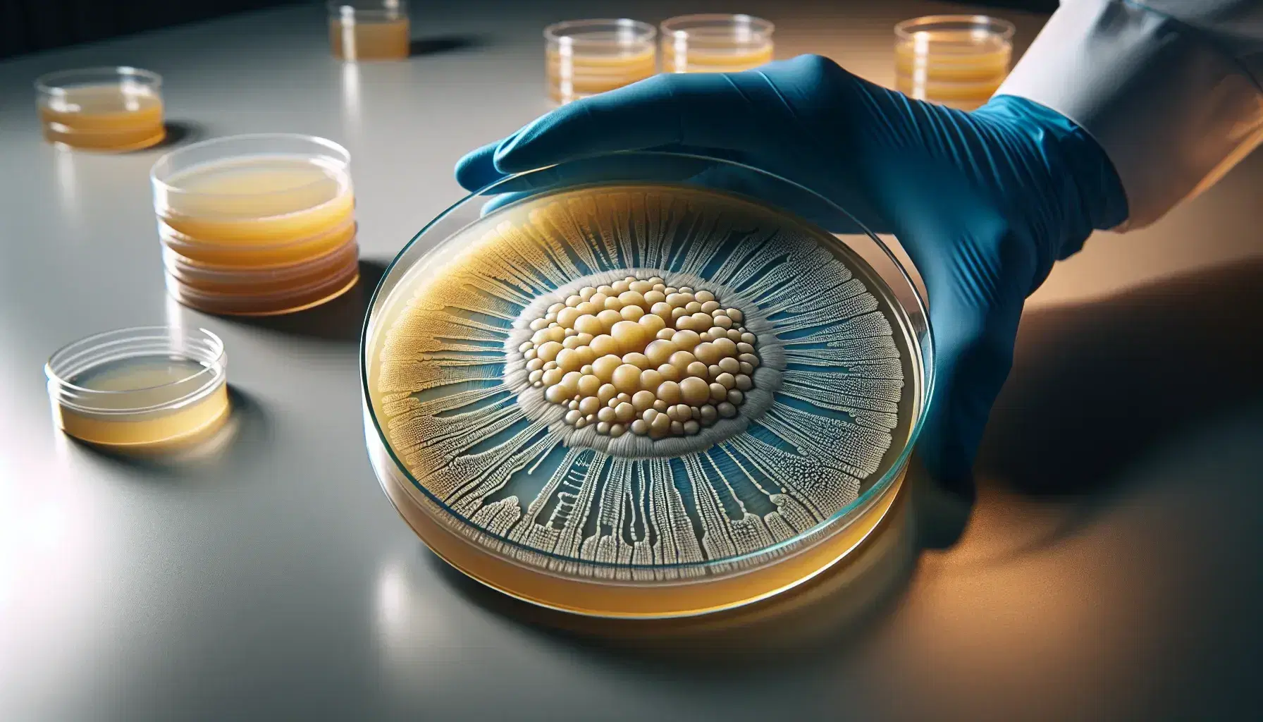 Close-up view of a petri dish with a yellowish bacterial colony on nutrient agar, held by hands in blue gloves, on a matte gray lab bench.