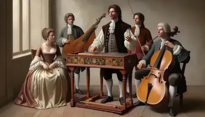 Conjunto de músicos barrocos interpretando, con cantante, clavecinista, cellista y laudista en vestimenta de época ante tapiz floral.