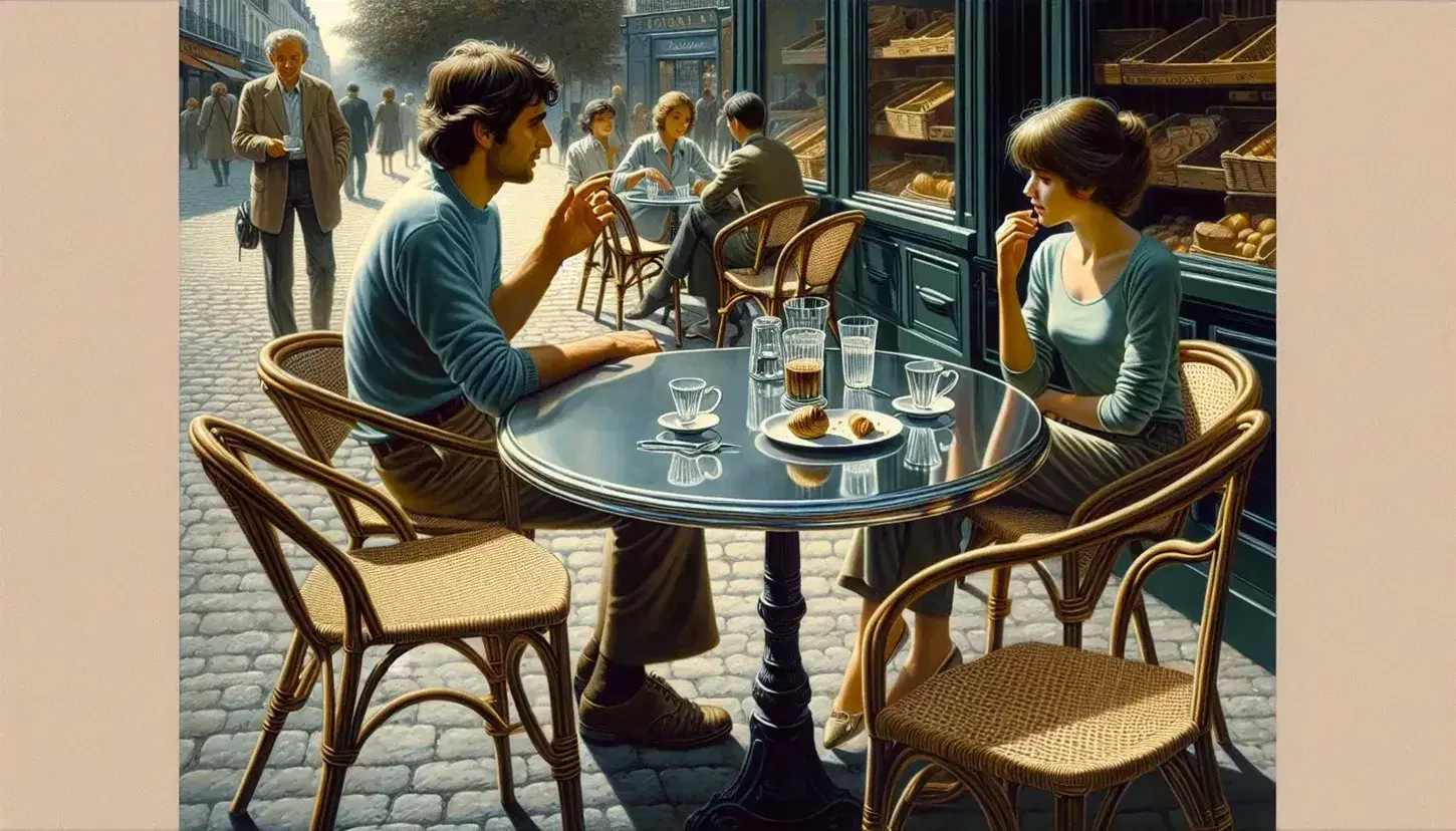 Lively French street café scene with patrons chatting, empty glassware on a metallic table, and a cobblestoned street lined with potted plants.