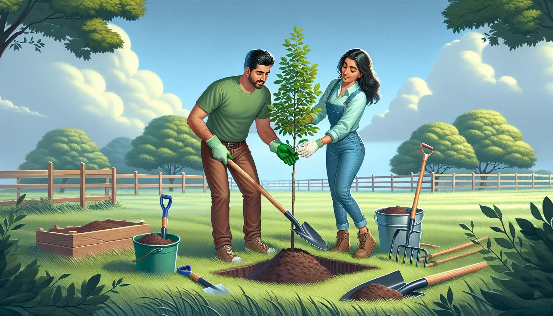 Uomo ispanico e donna mediorientale piantano giovane albero su prato, con attrezzi da giardinaggio e recinzione in legno sullo sfondo.