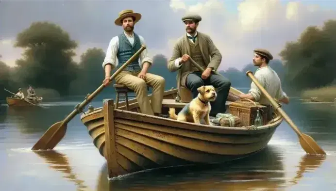 Tre uomini in abiti d'epoca e un terrier navigano su una barca a remi in un fiume tranquillo, circondati da una natura rigogliosa.