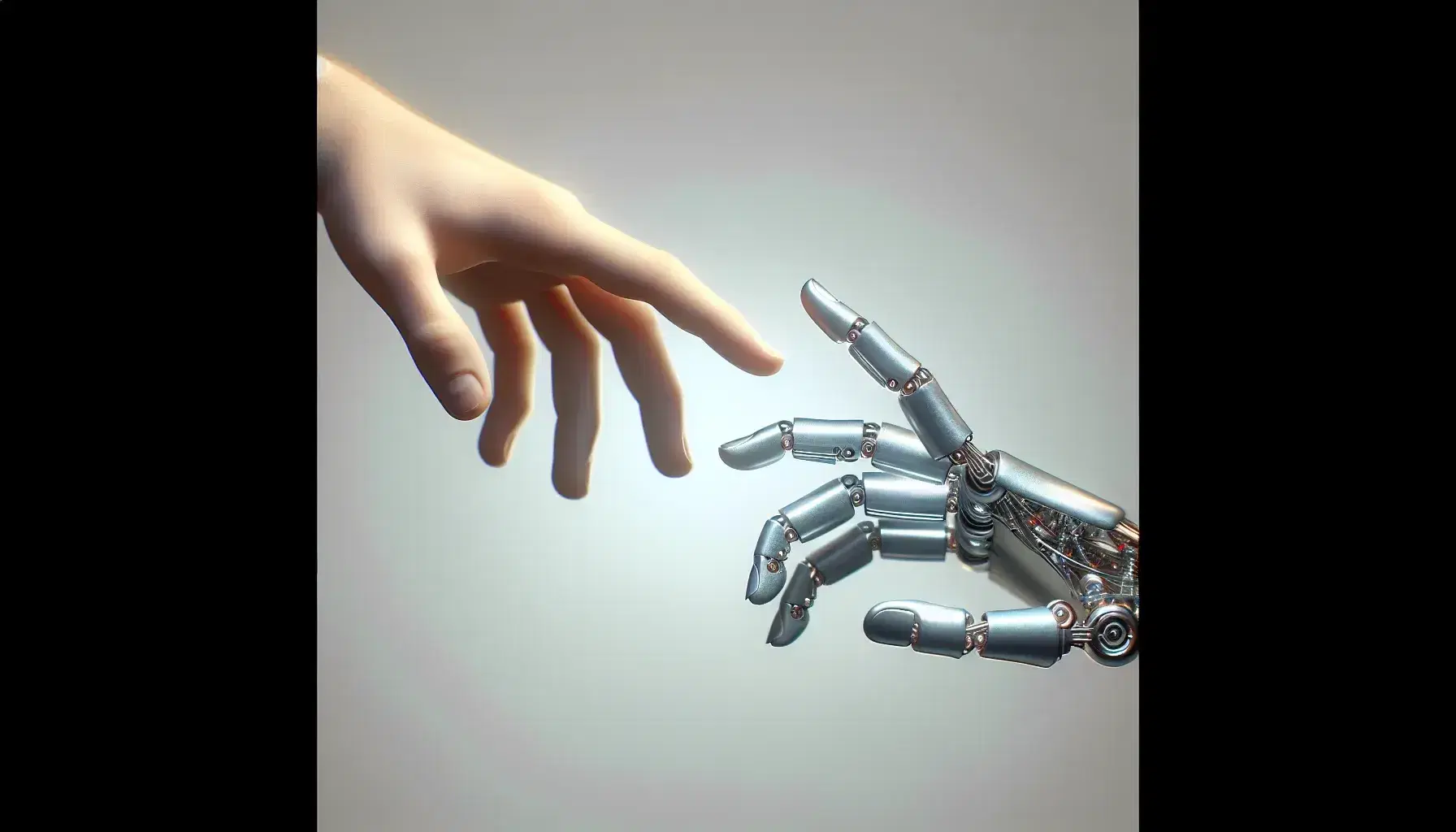 Mano umana chiara si avvicina per una stretta di mano a mano robotica in metallo su sfondo neutro.