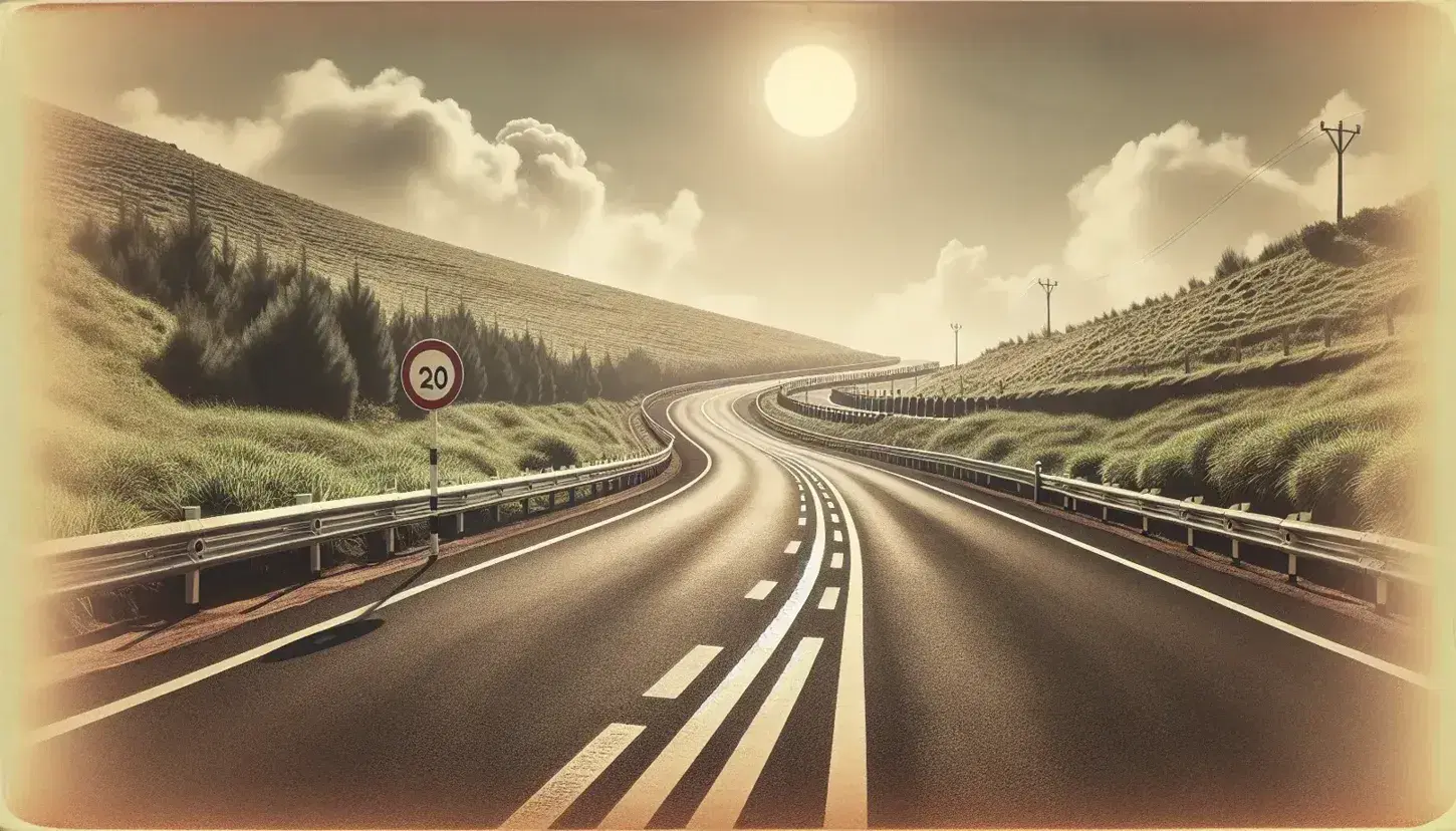 Strada asfaltata che serpeggia tra colline verdi con barriere di sicurezza, cielo sereno e auto parcheggiata con luci di emergenza.