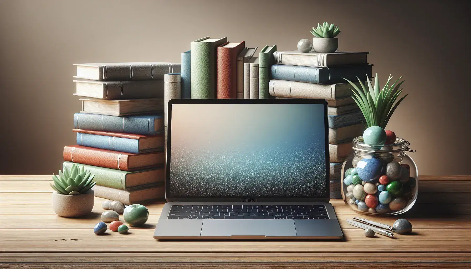 Wooden desk with modern laptop, stack of colorful books, vase of polished stones and green plant, in a tidy workspace.
