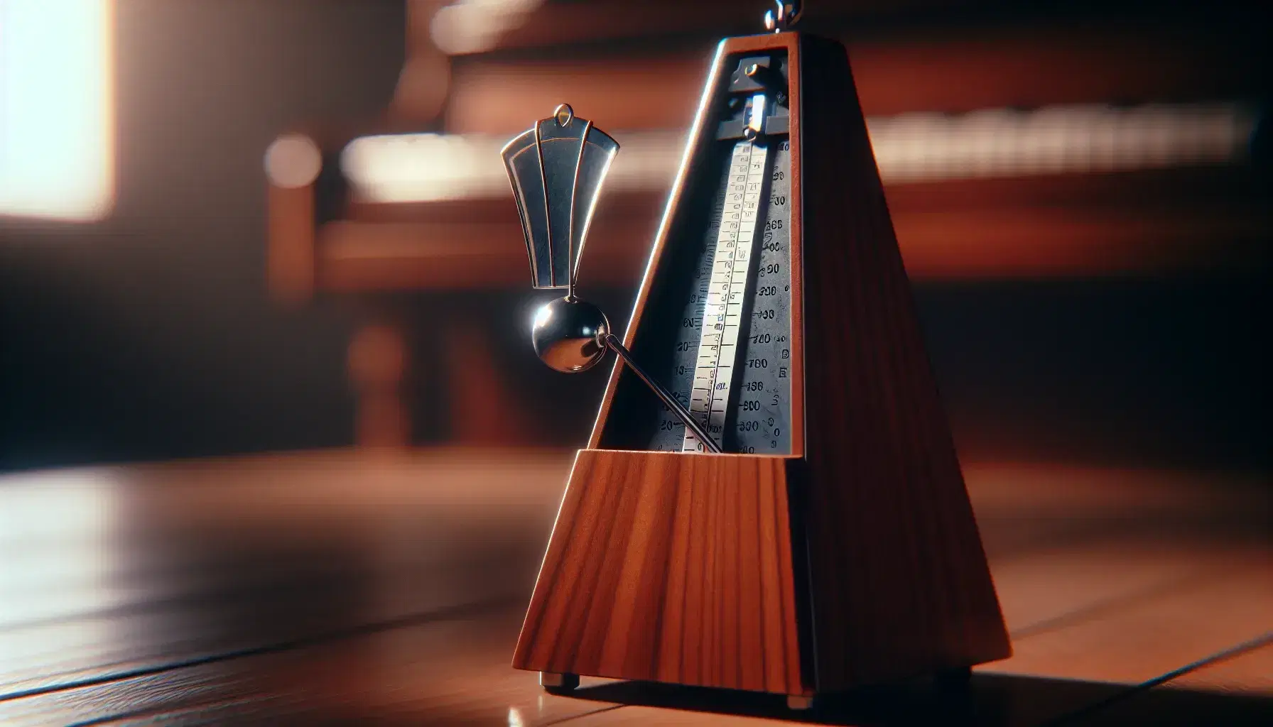 Close-up view of a wooden metronome with a pendulum in motion, set to a moderate tempo, against a warm, blurred background.