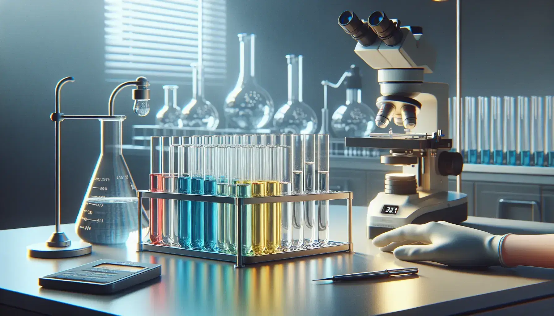 Laboratorio científico con tubos de ensayo de colores en soporte metálico, microscopio y balanza analítica, junto a un Erlenmeyer sostenido por una mano enguantada.