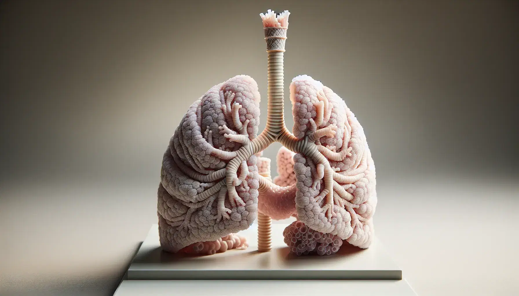 Modelo anatómico detallado del sistema respiratorio humano con pulmones, tráquea, bronquios y diafragma en fondo neutro.