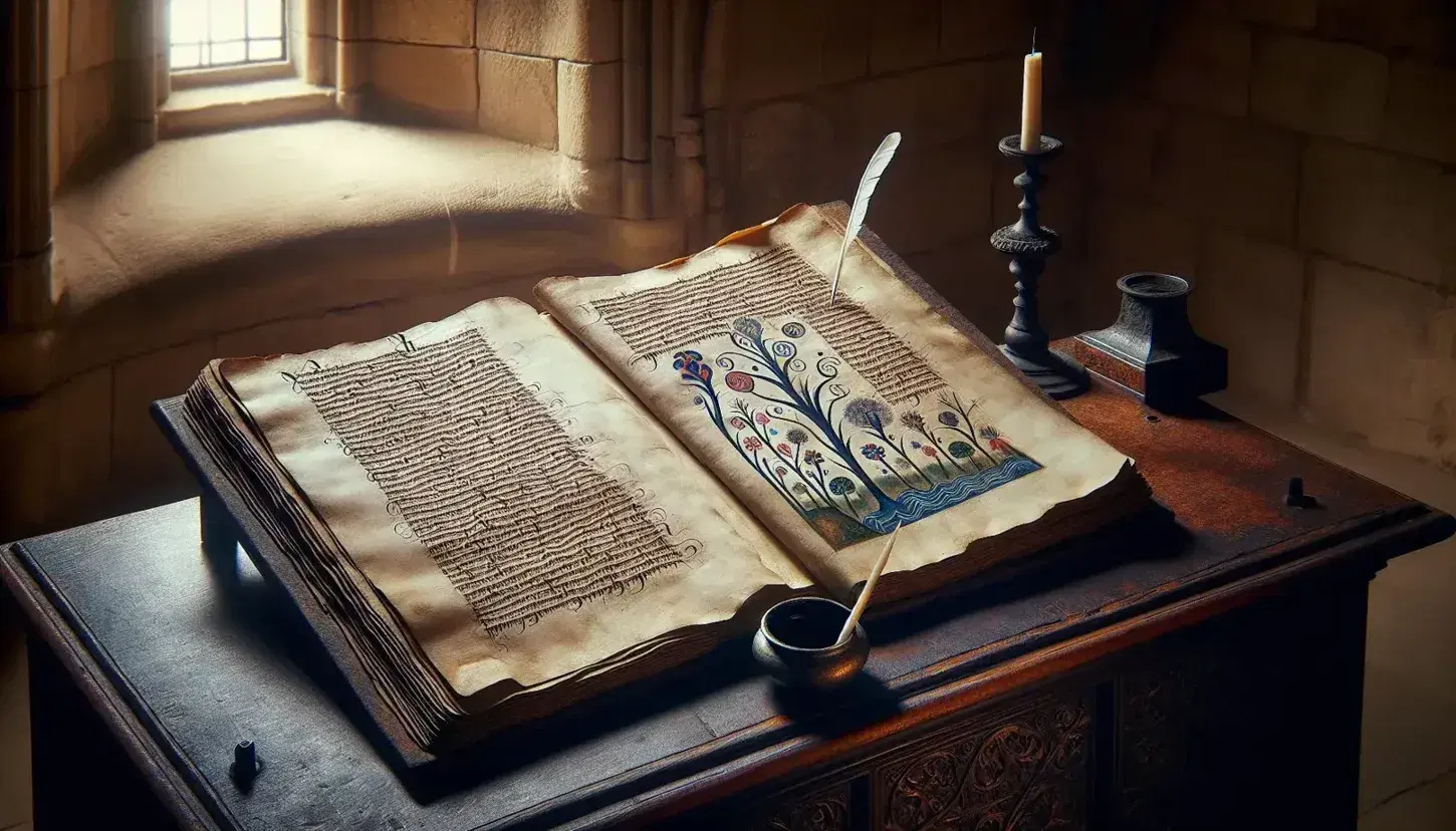 Manoscritto antico su leggio in legno con pagina illustrata di giardino medievale e penna d'oca in calamaio di bronzo, in ambiente storico.