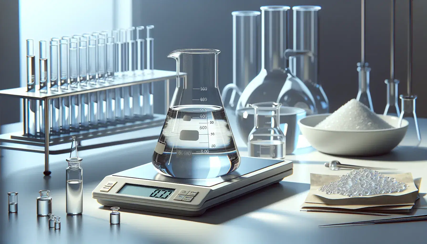 Laboratory setup with a beaker of clear liquid on a digital scale, precision pipettes in a stand, and white crystalline powder on weighing paper.