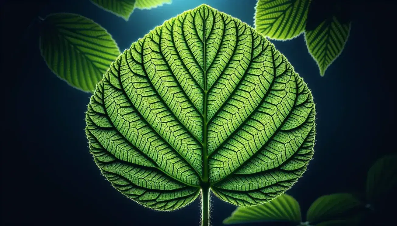 Foglia verde brillante ovale con bordi seghettati e venature evidenti al sole su sfondo sfocato con cielo azzurro.