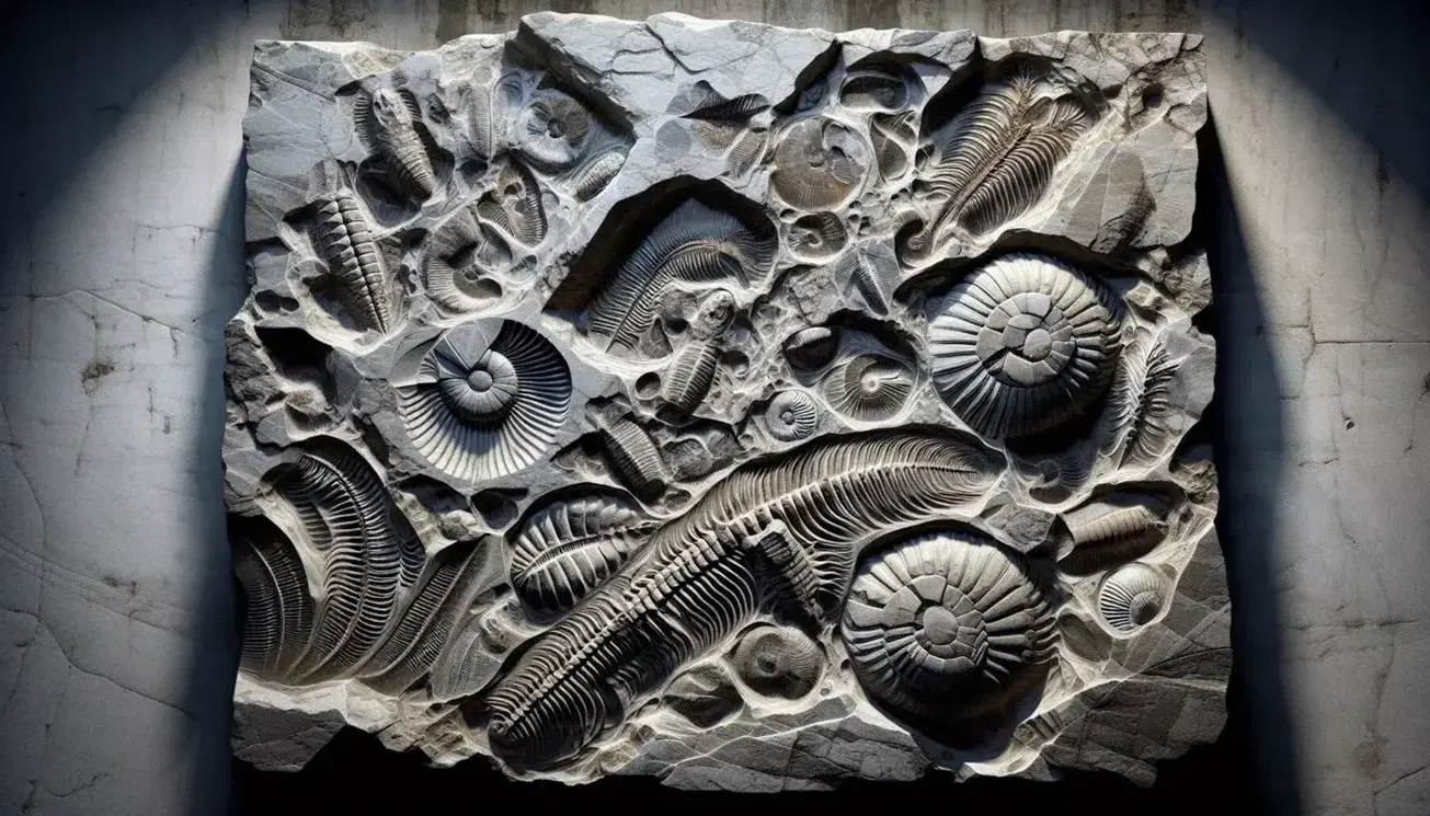 Fossili vari, tra cui un trilobite ben conservato, incastonati in roccia sedimentaria grigia con venature scure e strati geologici.