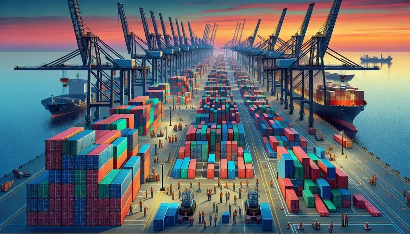 Busy port at dusk with cranes loading colorful containers onto a cargo ship, workers coordinate operations.