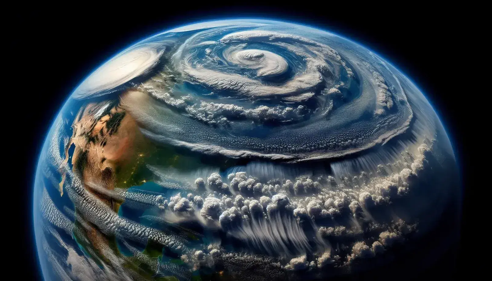 Vista panorámica de la Tierra desde el espacio con la curvatura del planeta, capas atmosféricas visibles y un cielo estrellado sin objetos artificiales.