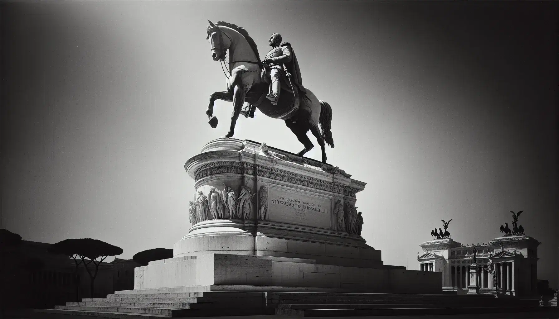 Statua equestre di Vittorio Emanuele II in marmo bianco al Vittoriano, Roma, con ombre marcate su sfondo cielo chiaro.