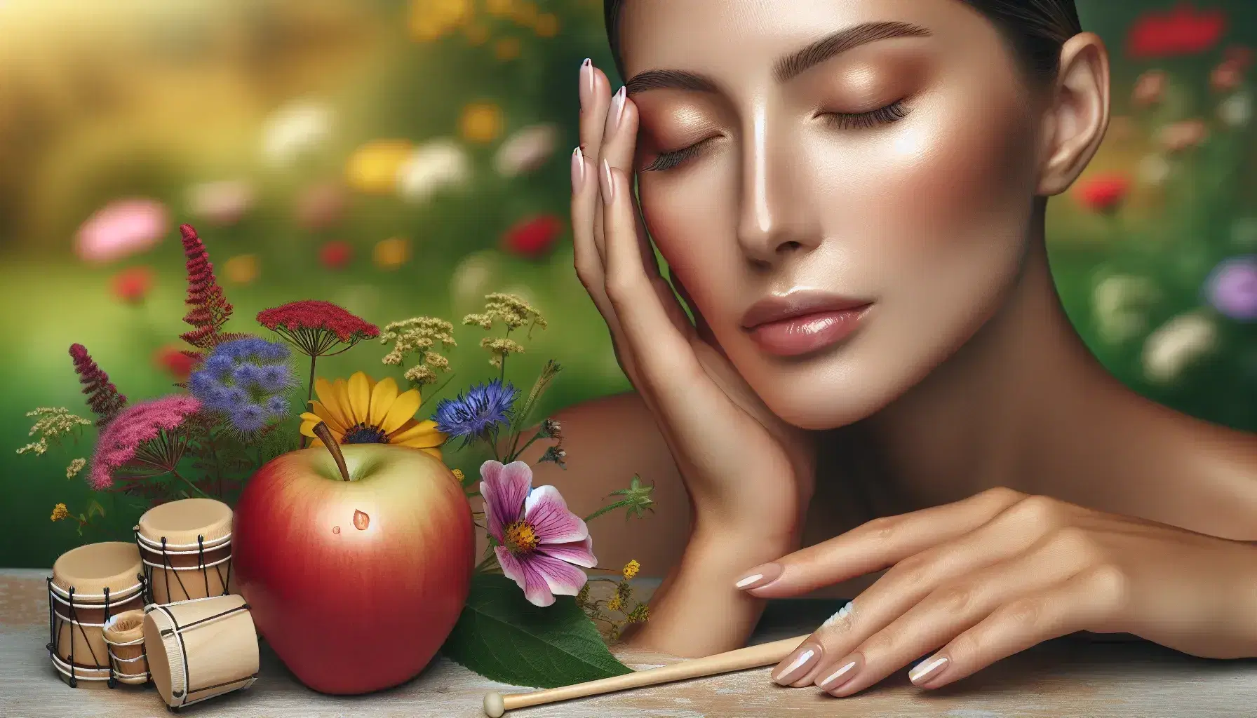 Volto di donna serena con occhi chiusi e mani vicino alle guance, mela rossa lucida in primo piano, tamburello e mazzolino di fiori selvatici.