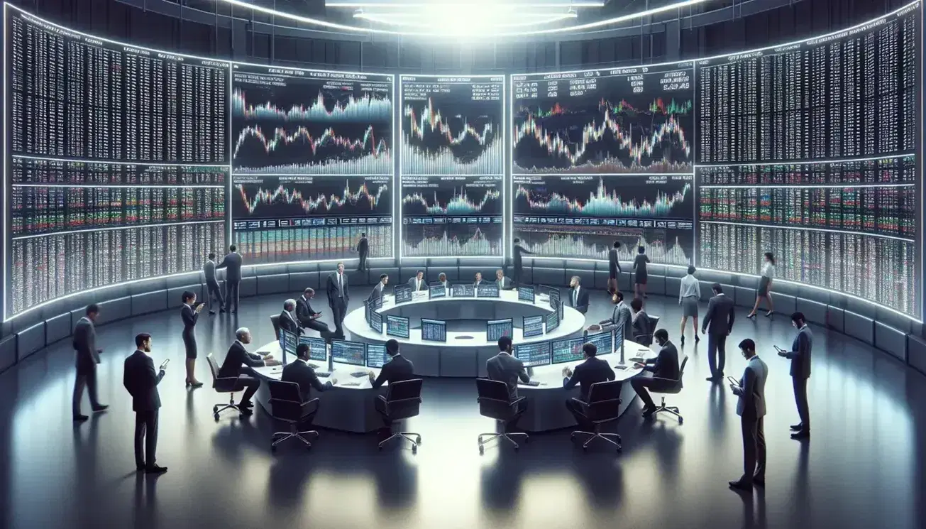 Diverse traders in business and smart casual attire focus intently around a circular desk, gesturing at screens with colorful fluctuating graphs, in a well-lit, beige-walled trading floor.